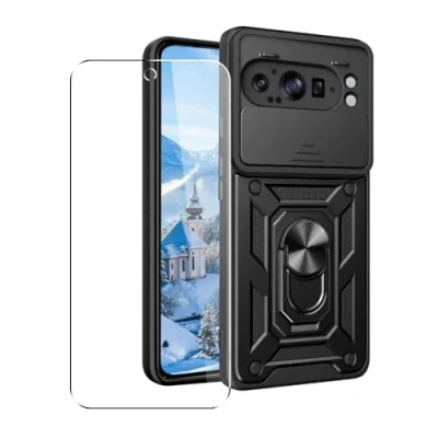 Abbildung von SDTEK Hülle Für Google Pixel 9 Pro XL Handyhülle Kameraobjektivschutz, Ständer, Magnetringhalter Glas Displayschutzfolie (Schwarz)