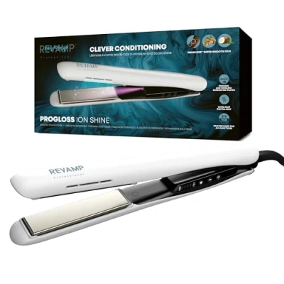 Abbildung von Revamp Progloss Ion Shine Keramik Glätteisen mit Ionen Technologie für jederzeit frizzfreie Ergebnisse, angereichert Smooth Keratin, Argan und Kokosöl, verschiedene Hitzestufen, Weiß