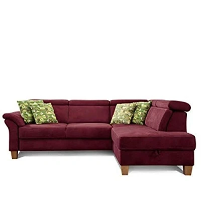 Abbildung von Cavadore Schlafsofa Ammerland mit Ottomane rechts / Federkern Sofa im Landhausstil verstellbaren Kopfstützen, Bett und Bettkasten 245 x 84 194 Lederoptik rot
