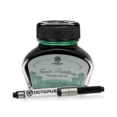 Abbildung von Octopus Fluids Füllhaltertinte im Tintenglas inklusive Konverter, Schreibtinte für Füllhalter, Füllertinte in Pastell Grün Poppy Pods 30ml