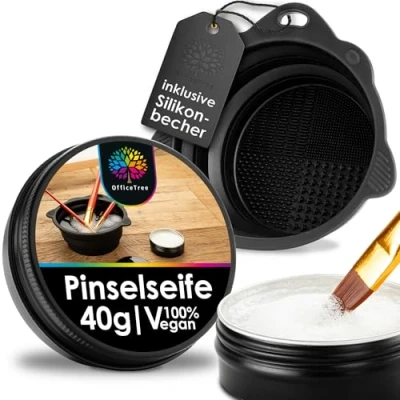 Abbildung von OfficeTree Pinselseife 40g mit faltbarem Reinigungsbecher Pinselreiniger Acrylfarbe und Aquarellfarbe Pinsel Seife für Nylon Echthaarborsten Brush Cleaner Acrylic Soap