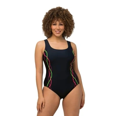Abbildung von Ulla Popken Damen Badeanzug, Pipings, Unterbrustband, Vorderfutter, Marine, 54 EU