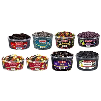 Abbildung von 8 Dosen Haribo Lakritz Mix aus 7 Sorten 1x Salino, Salzbezeln, Vampire, Viola, Schnecken, Konfekt Stangen 2x Color Rado
