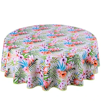 Abbildung von Wachstuch Tischdecke Abwaschbar Rund 160cm Grün Rosa Weiß Flamingo