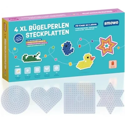 Abbildung von Smowo® 10mm Bügelperlen Platten in vielen Formen Set mit 4 Steckplatten und Vorlagen Rund, Stern, Viereck, Herz Große Stiftplatten für Kinder ab 3 Jahre
