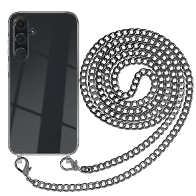 Abbildung von EAZY CASE Handykette kompatibel mit Samsung Galaxy A35 Kette zum Umhängen für Hülle Band aus Silikon stoßfeste transparente Handyhülle als Fallschutz in Metall Anthrazit