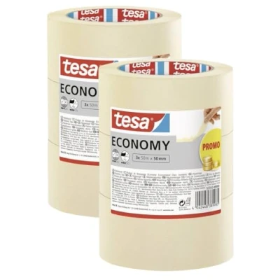 Abbildung von tesa Malerband ECONOMY Vielseitiges Klebeband für Malerarbeiten ohne Lösungsmittel Bis zu 4 Tage nach Gebrauch rückstandslos entfernbar (50m x 50mm 3 Rollen, 2er Pack)