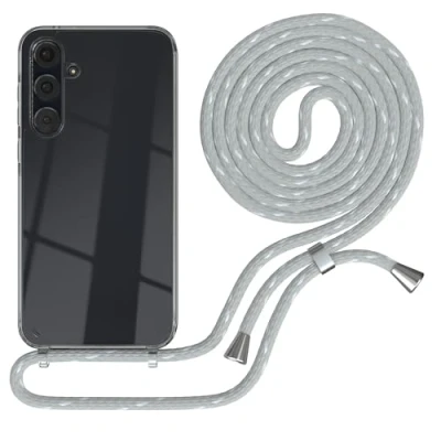 Abbildung von EAZY CASE Handykette kompatibel mit Samsung Galaxy A35 Kette zum Umhängen für Hülle Band aus Silikon stoßfeste transparente Handyhülle als Fallschutz in Grau/Weiß Clips Silber