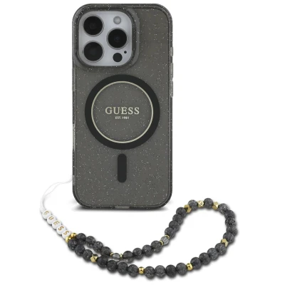 Abbildung von Apple iPhone 16 Pro Hülle MagSafe Kunststoff Guess IML Case with beads strap/Hard Handyhülle Schwarz