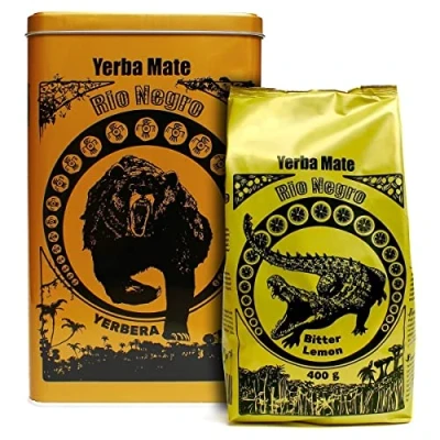 Abbildung von Yerba Mate Tee Rio Negro Bitter Lemon Set Yerbera Stahlbox 400g Despalada Loose Leaf Sin Palo