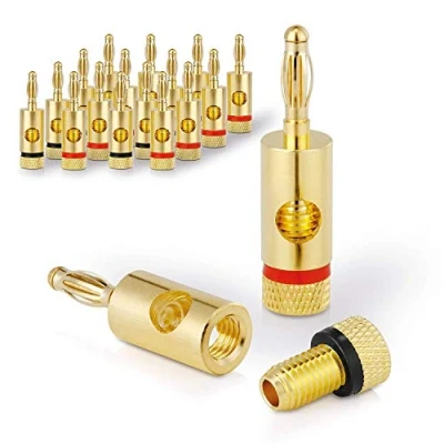 Abbildung von conecto Bananenstecker Lautsprecher Anschlussstecker Premium (16er Set) für alle Lautsprecherkabel mit einem Durchmesser von max. 6mm², 16 Stück Farbcodierung (8X rot, 8X schwarz), 24k vergoldet