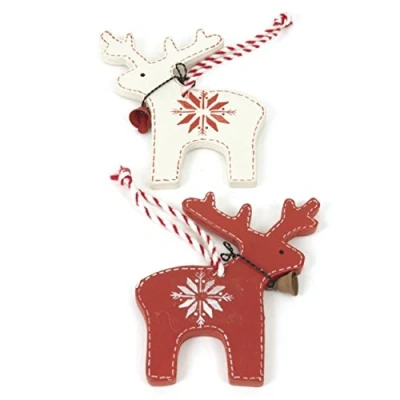 Abbildung von Set von 2 Holz rot &amp; weiß Nordic Rentier Weihnachtsbaum Dekorationen (9 cm)