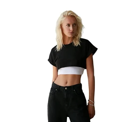 Abbildung von Trendyol Damen Young Regular Standard Rundhals Gewebtes T Shirt Hemd, Schwarz, Large