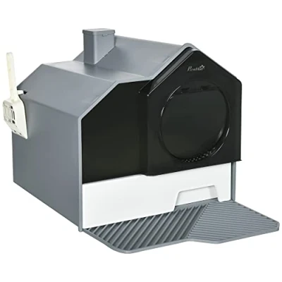 Abbildung von PawHut Katzentoilette Katzenklo mit Schublade Haube, ABS, Kunststoff, Weiß+Grau, 47L x 45B 42H cm