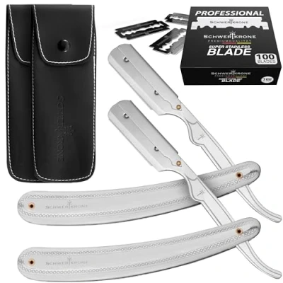 Abbildung von SCHWERTKRONE 2 Premium Rasiermesser mit 100 Rasierklingen &amp; Lederetuis Zwei Herren Silber inkl. Wechselklingen Straight Razor Rasierer Set Bartmesser Ustura