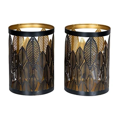 Abbildung von 2er Set Windlicht 13x18cm Schwarz Gold Metall Teelichthalter Blattdekor Blumendekor Tischdeko Industrial Kerzenhalter