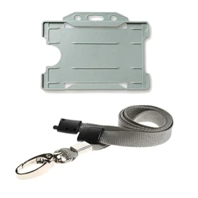 Abbildung von ALG ID Cards® Grauer Ausweishalter graues Schlüsselband Kartenhalter Umhängeband mit Metallclip und Sicherheitsverschluss für Passhalter