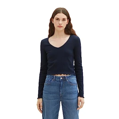 Abbildung von TOM Tailor Denim Cropped Langarmshirt, Damen, Größe: XL, Sky captain blue