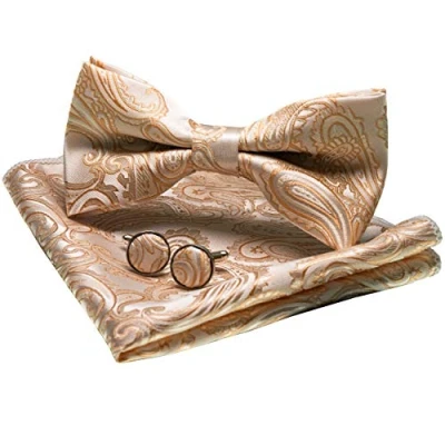 Abbildung von JEMYGINS Gold Paisley Fliege und Einstecktuch mit Manschettenknöpfe Sets für Herren (Gold2)