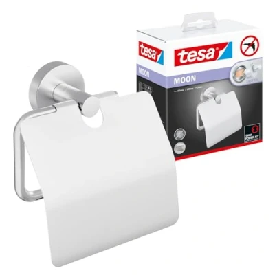 Abbildung von tesa Toilettenpapierhalter 1 x MOON WC Papierrollenhalter mit Deckel (Komplett Set, 2 St., inkl. Klebelösung), Edelstahl silber matt 5,3 cm : 14 12,8
