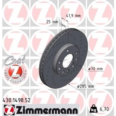 Abbildung von ZIMMERMANN SPORT COAT Z 430.1498.52 Bremsscheibe 285 25 8/5 5 110 innenbelüftet, gelocht beschichtet hochgekohlt OPEL: Vectra C Caravan, Signum CC