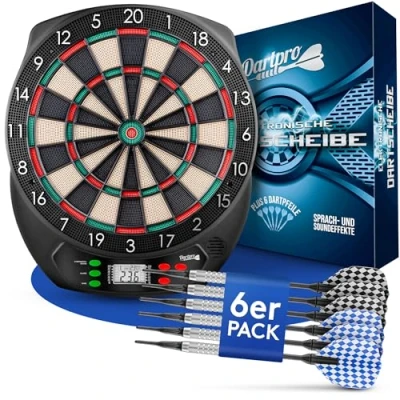 Abbildung von DartPro Dartscheibe elektronisch 6 Softdarts Profi Dartboard für bis zu 8 Spieler, 21 Spiele, 65 Varianten LCD Display Batterie &amp; Netzbetrieb