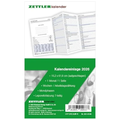 Abbildung von Kalender Ersatzeinlage 2026 für den Taschenplaner Leporello Typ 501 8,8 x 15,2 cm 1 Monat auf Seite separates Adressheft 6198