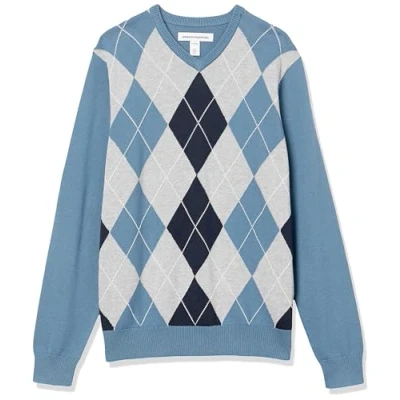 Abbildung von Amazon Essentials Herren Pullover mit V Ausschnitt (in Übergröße erhältlich), Blau Rauten, S