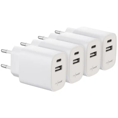 Abbildung von revolt 230 V Ladegerät: 4er Set 2 Port USB Netzteile, A &amp; C, 3,4 A, 17 Watt, weiß (Universal Netzteil, Pico Netzteil)