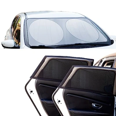 Abbildung von +PWR Car Parts Sommerpaket mit Autosonnenschirmen + seitlichen Autosonnenschirmen. Klappbarer Sonnenschirm vorne Silber 150 x 80 cm Plus 2 seitliche Autosonnenschirme