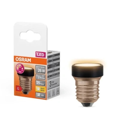 Abbildung von OSRAM LED STAR FLAT mit 3.5W (wie 26W), 270lm/2700K, warmweiß 827, frosted, Kunststoff in Schwarz, E27 Schraubgewinde, 3 fach dimmbar über Wandschalter, 35 mm Durchmesser