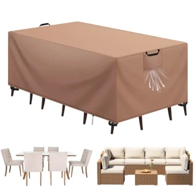 Abbildung von Aujink Abdeckung Gartenmöbel Winterfest, Wasserdichte Schutzhülle 420D Oxford Anti UV Abdeckplane für Gartentische Terrassenmöbel Regenschutz und Staubfest Abdeckhaube Khaki 242x162x100cm