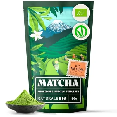 Abbildung von Matcha Tee Pulver Bio Premium Qualität 50g. Original Green Tea aus Japan. Japanischer ideal zum Trinken. Grüntee für Latte, Smoothies, Getränk. Hergestellt in Uji, Kyoto.