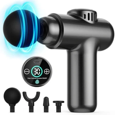 Abbildung von Massagepistole, Lefity Mini Tiefengewebe Massage Gun, Tragbares Massagegerät, 30 Geschwindigkeiten, LCD Touchscreen, Pistole zur Muskelkater und Steifheit