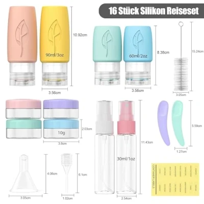 Abbildung von Reiseflaschen zum Befüllen, 17 Stück Silikon Auslaufsichere Travel Bottles Essentials und Reise Shampoo Behälter BPA frei Praktisches Set für Lotion, Spülung, Duschgel