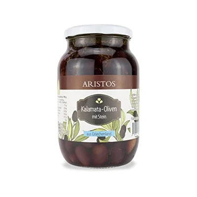 Abbildung von ARISTOS Original Griechische Kalamata Oliven mit Stein aus eigenem Anbau 1x 650 g Glas (Abtropfgewicht) leckere im Hausrezept eingelegte Kalamon ungeschwärzt