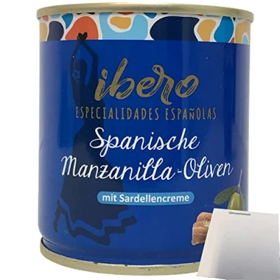 Abbildung von Ibero Spanische Manzanilla Oliven mit Sardellencreme 1er Pack (1x200g Dose) + usy Block