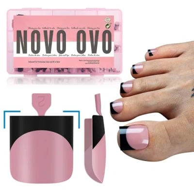 Abbildung von NOVO OVO Black French Tip Toe Nail Tips Press on, BERRY PINK, scharfe quadrat vorgefertigte künstliche Zehennägel aus weichem Gel, lange/mittellange Zehennägel, 15 Größen, 240 Stück