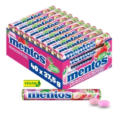 Abbildung von Mentos Dragees Erdbeere Mix, süß saure Frucht Bonbons, fruchtig spritzige Kaubonbons, Süßigkeiten Multipack (40 Rollen), vegan