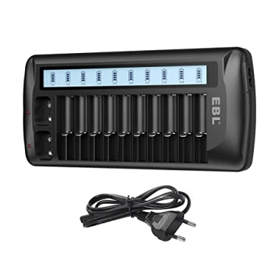Abbildung von EBL 999 Universal Akkuladegerät für Batterie AA AAA 9v Block Li Ion/NiMH/NiCd, 12 Ladefach mit LCD Anzeige, Multi Batterieladegerät