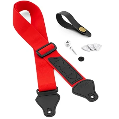 Abbildung von TIGER Ukulele Gurt Pack inkl. Gurt, Kopfplatte Krawatte, Gurtknopf/Endpin und 3 Filzplektren geeignet für Sopran, Konzert, Tenor Baritonukulele Rot
