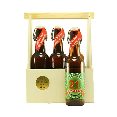 Abbildung von Bier Geschenk 6 er Holz Träger mit Fl. 21. Geburtstag