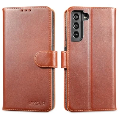 Abbildung von LENSUN Echtleder Hülle für Samsung Galaxy S21 FE, Handyhülle [Premium Echtes Leder] [Kartenfach] [RFID Schutz] Handytasche Lederhülle FE 5G Dunkelbraun