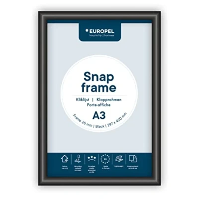 Abbildung von Europel Klapprahmen A3 mit 25 mm Aluminium Profil aufklappbarer Plakatrahmen Gehrungsecke Schnapprahmen für u.a. Poster, Zertifikate, Fotos &amp; Werbemittel Schwarz, 355029