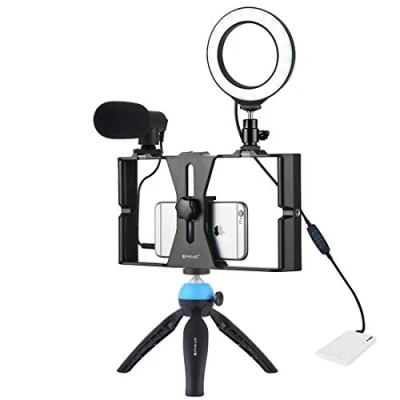 Abbildung von PULUZ 4 in 1 Vlogging Live Broadcast Smartphone Video Rig + 11,7 cm Ring LED Selfie Licht Kits mit Mikrofon Stativhalterung Cold Shoe Stativkopf für (Blau)