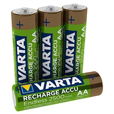 Abbildung von VARTA Batterien AA, wiederaufladbar, 4 Stück, Recharge Accu Endless, Akku, 2500 mAh Ni MH, ohne Memory Effekt, vorgeladen, sofort einsatzbereit
