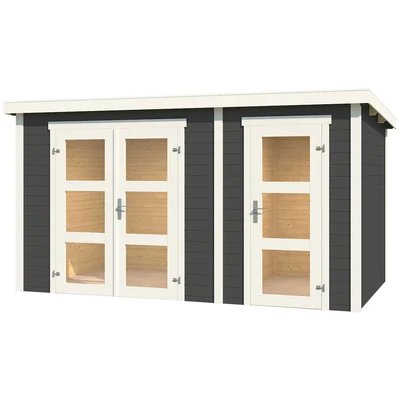 Abbildung von LASITA MAJA Gartenhaus &quot;Zambesi XL&quot;, (Set), Blochbohlenhaus 28mm 2 Raum, Fundamentmass 3800x2400, Carbongrau