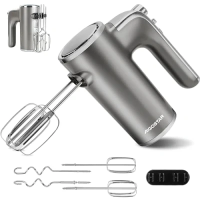 Abbildung von Aigostar Adela Handmixer Elektrischer, 400 W Ultra Power Mixer Handrührer mit 1 Aufbewahrungshalterung, 5 Geschwindigkeiten, Turbo Boost, 2 Schneebesen und Knethaken, für Eier, Teig, Kuchen.