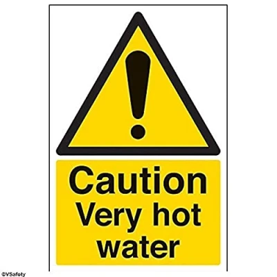 Abbildung von vsafety 62007 au s &quot;Achtung Temperatur Schild&quot; Caution Very Hot Water, selbstklebend, Portrait, 200 mm x 300 mm, schwarz/gelb