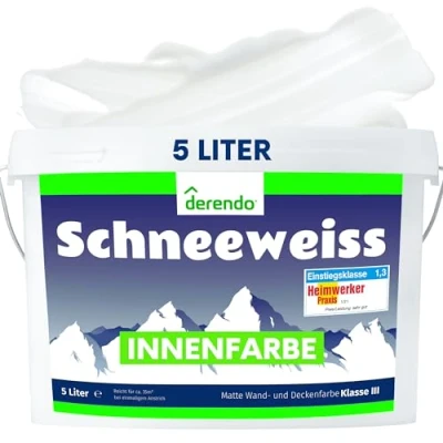 Abbildung von derendo Schneeweiss wandfarbe weiß hohe deckkraft 5l innenfarbe matt ausbessern Testsieger wände streichen ohne tropfen hochdeckend innen weiss 5 Liter